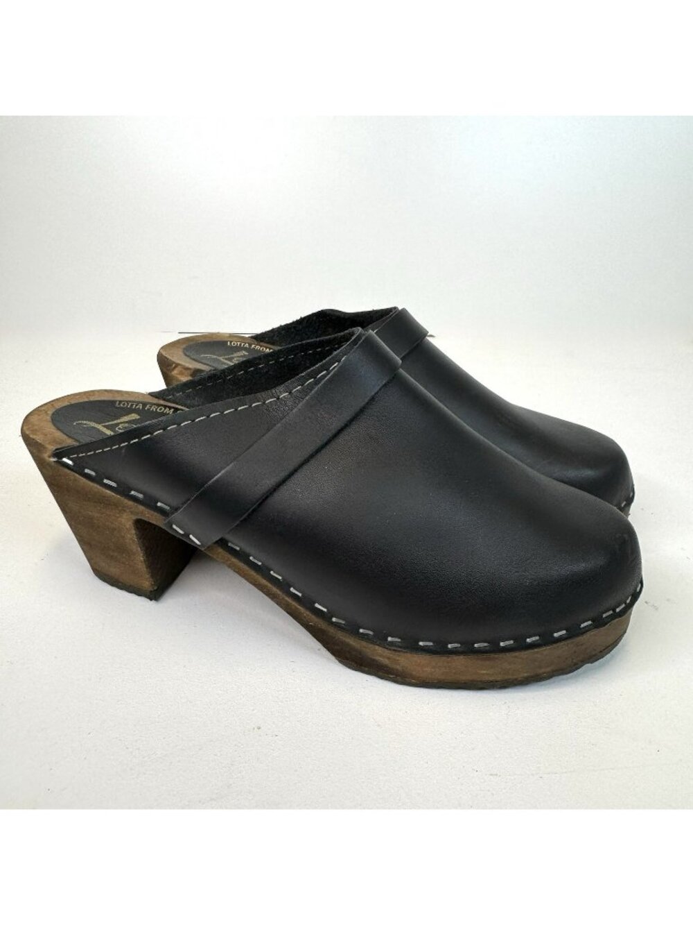 Lotta's Sweden Classic Clogs Shoes Black Leather Wood Base Womens Size 39 US 8.5